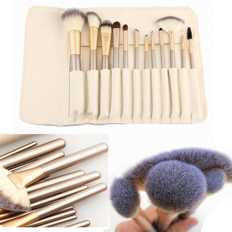 [Australia] - 12 Piece Makeup Brushes Set | Horse Hair Professional Kabuki Makeup Brush Set Cosmetics Foundation Makeup Brushes Set Kits with White Cream-colored Case Bag 