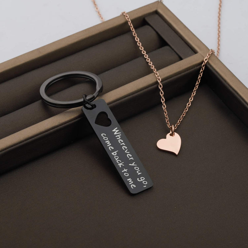 [Australia] - ENSIANTH Boyfriend Gift Wherever You Go Come Back to Me Keychain Moving Away Gift Couples Jewelry College Graduation Gift wherever-black set RG 