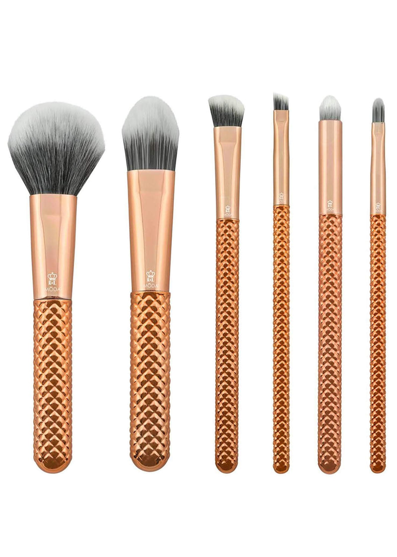 [Australia] - Royal & Langnickel MODA Travel Size Metallics Total Face Makeup Brush Set with Pouch, Includes - Powder, Foundation, Angle Shader, Smoky Eye, Brow Liner and Pointed Lip Brushes, Rose Gold 