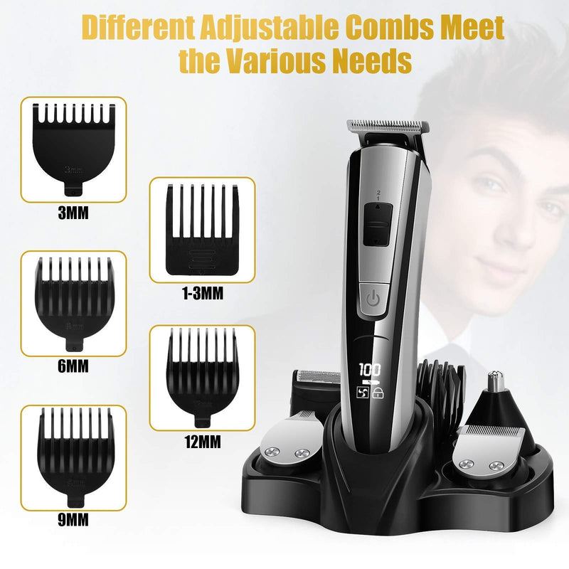 [Australia] - Hair Clippers Beard Trimmer Kit for Men Professional Cordless Hair Mustache Trimmer Hair Cutting Nose Ear Hair Trimmer Groomer Kit, 2 Speed, LED Display USB Rechargeable 5 in 1 