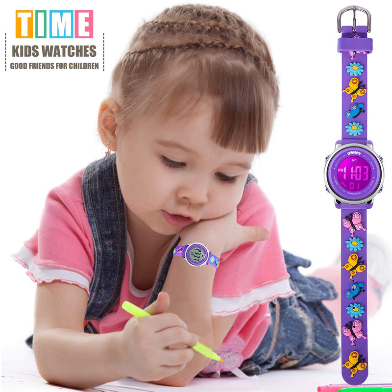 [Australia] - Kids Watch 3D Cartoon Toddler Wrist Digital Watch Waterproof 7 Color Lights with Alarm Stopwatch for 3-10 Year Boys Girls Little Child A Butterfly Pueple 