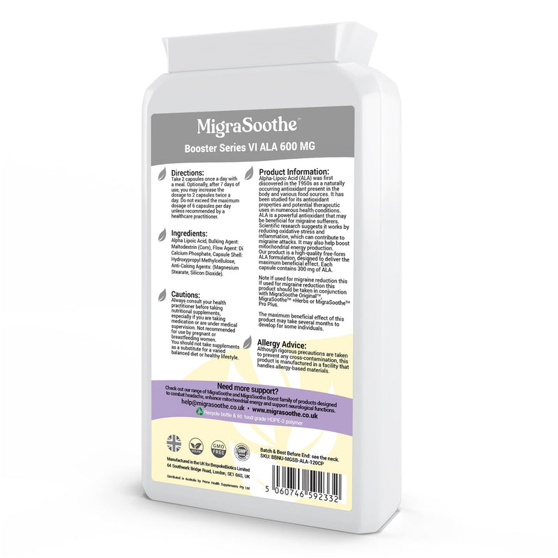 [Australia] - MigraSoothe Alpha Lipoic Acid Booster Series VI � High Potency ALA for Migraine Support, Antioxidant & Anti-inflammatory Properties � 120 Vegan Capsules (120 Capsules) 120 Capsules 