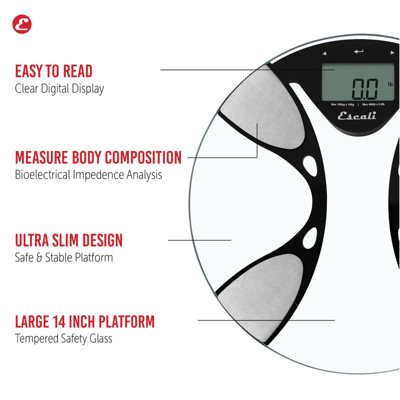 [Australia] - Escali BFBW180 Ultra Slim Body Composition Scale, Glass, 400 Pound Capacity, Body Fat, Water Percentage, Muscle and Bone Mass Clear 