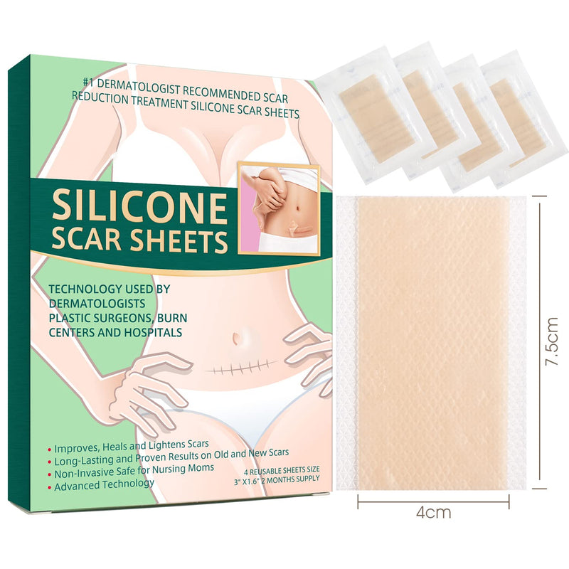 [Australia] - Silicone Scar Removal Leaves, Scar Reduction, Treat New and Old Scars, Quickly and Effectively Removes Scars for Acne Scars, Stretch Marks, Burning, Pack of 4 A 