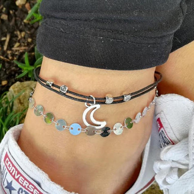 [Australia] - Zoestar Vintage Beach Moon Anklet Bracelet Woven with Sequins Foot Chain Jewelry for Women and Girls(Silver) 