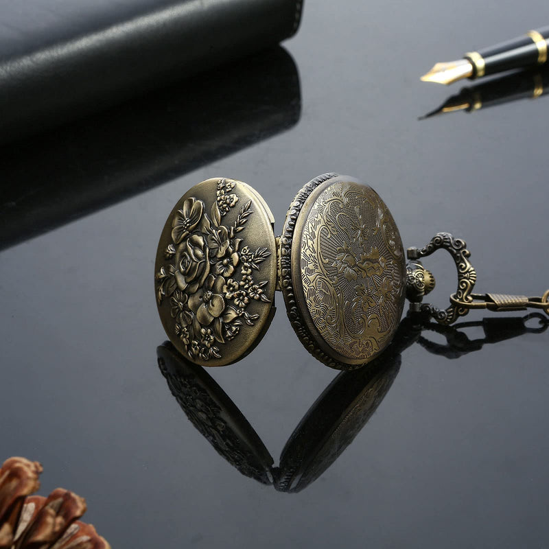 [Australia] - Flower Series Steampunk Pocket Watch Vintage Quartz Pocket Watch 14 in Chain with Box Bronze 