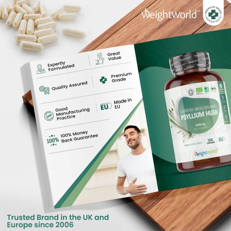 [Australia] - Organic Psyllium Husk Capsules 1400mg - 180 Vegan Capsules (3 Month Supply) - High Soluble Prebiotic Fibre Supplement - Soil Association Certified -Allergen & Gluten Free Psyllium Husk Powder Capsules 