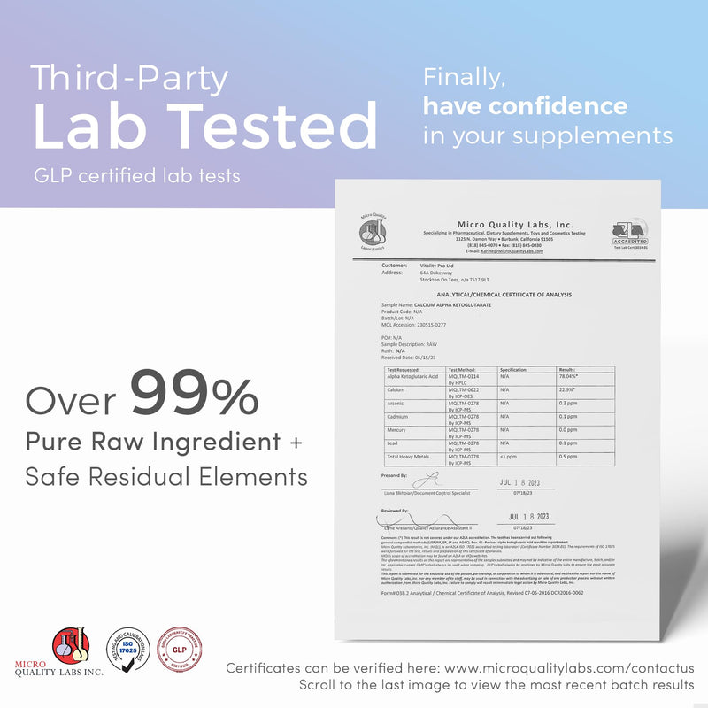 [Australia] - Ca-AKG 500mg x 120 Capsules - Third Party Tested Over 99% Purity - Vitality Pro CaAKG Food Supplement � Pure High Strength Calcium Alpha-Ketoglutarate Formula 