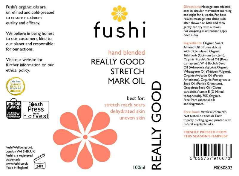 [Australia] - Fushi Really Good Stretch Mark Oil 100ml | Best for Stretch Marks, Scars, Dehydrated Skin & Uneven Skin Tone | Unfragranced Natural Formulation | Triple Strength Indian Tulsi |Ethical & Vegan 
