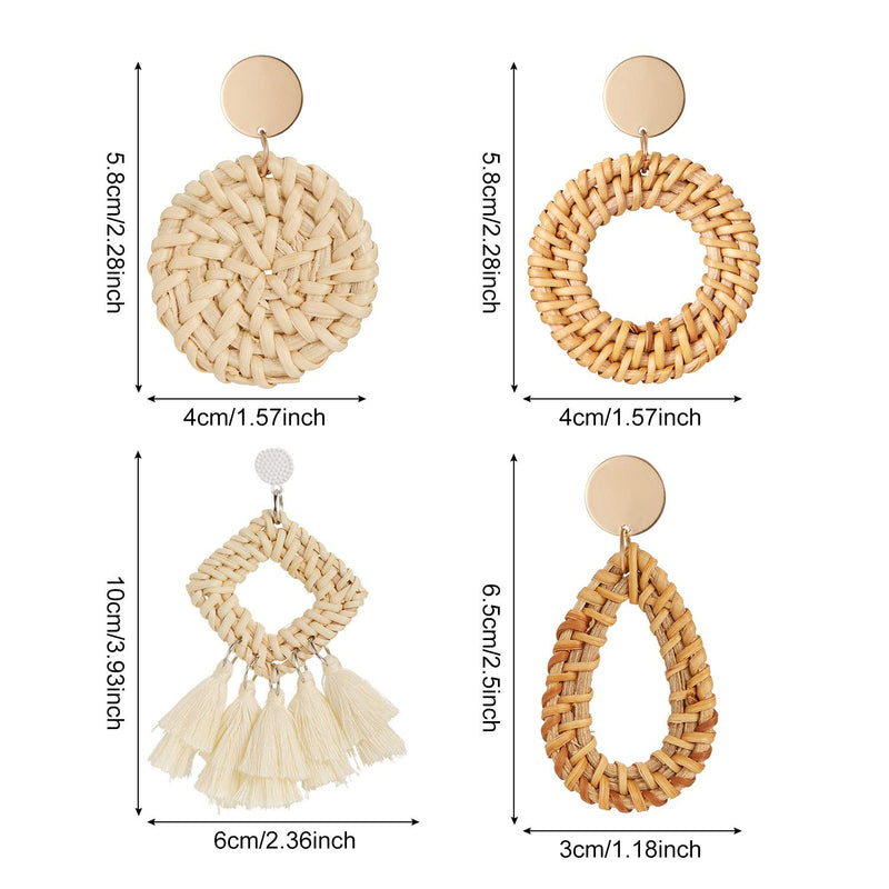 [Australia] - 4 Pairs Rattan Earrings Lightweight Geometric Statement Tassel Woven Bohemian Earrings Handmade Straw Wicker Braid Hoop Drop Dangle Earrings For Women Girls (Style A) 