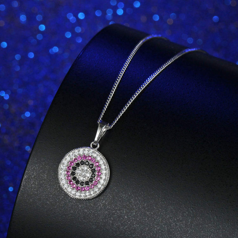[Australia] - YHLISO Evil Eye Pendant Sparkling Necklace Round Pave Diamond Cubic Zirconia Lucky Charm Disc Necklaces for Women Platinum 