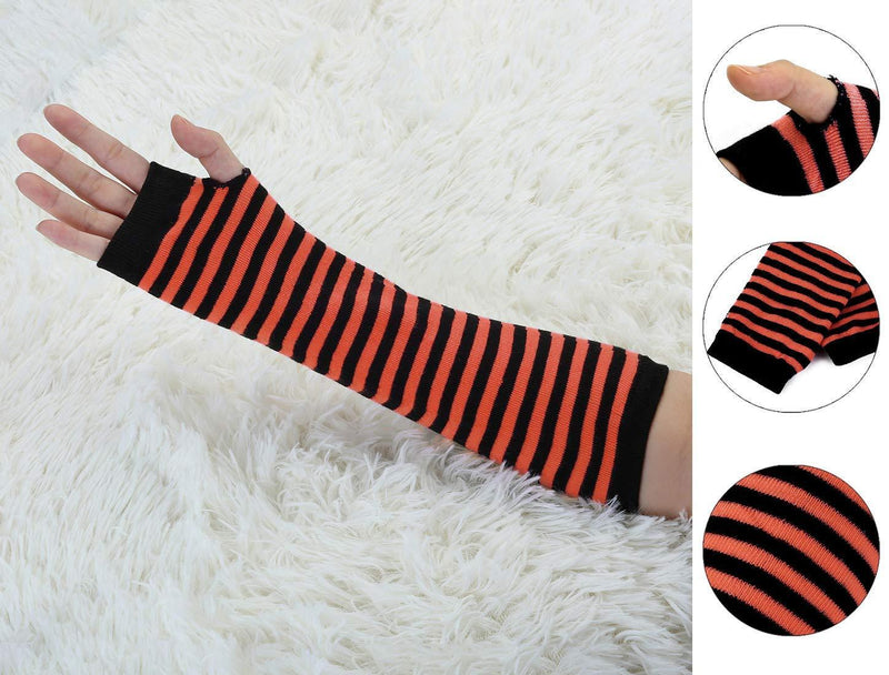 [Australia] - sourcing map Women Black Red Stripe Print Elbow Length Fingerless Arm Gloves Pair 
