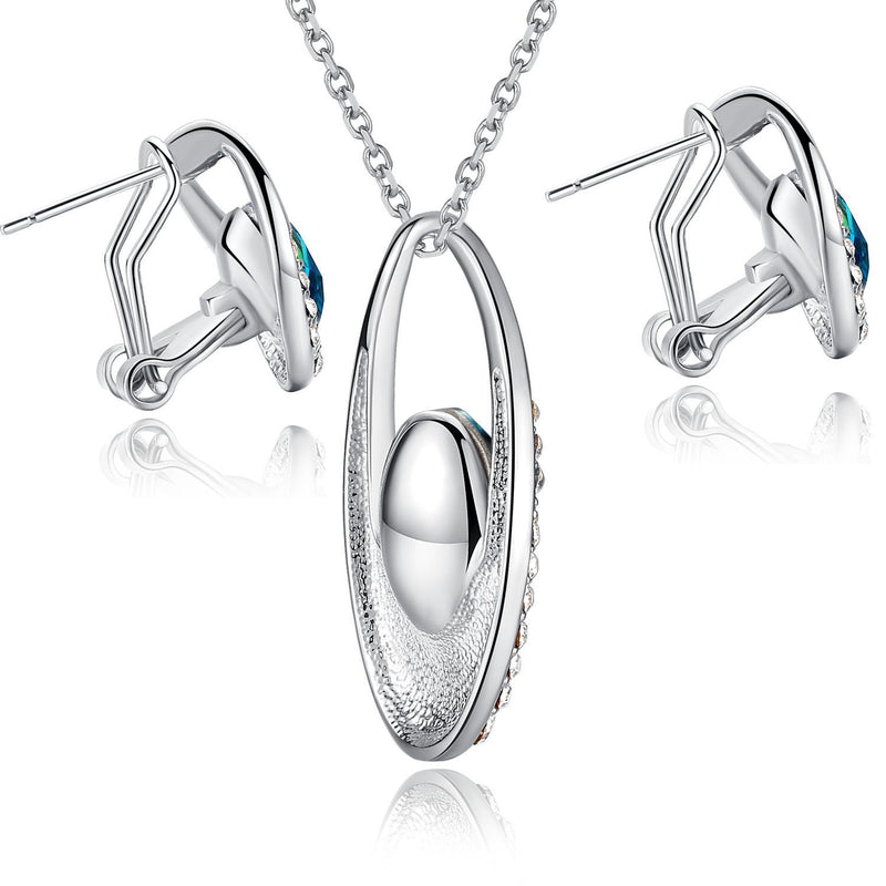 [Australia] - [Presented by Miss New York] Leafael"Angel's Teardrop" Made with Premium Crystals Blue Zircon Jewelry Set Earrings Necklace, 18" +2", Nickel/Lead/Allergy Free, Luxury Gift Box Blue Main Crystal/Silver-tone Chain 