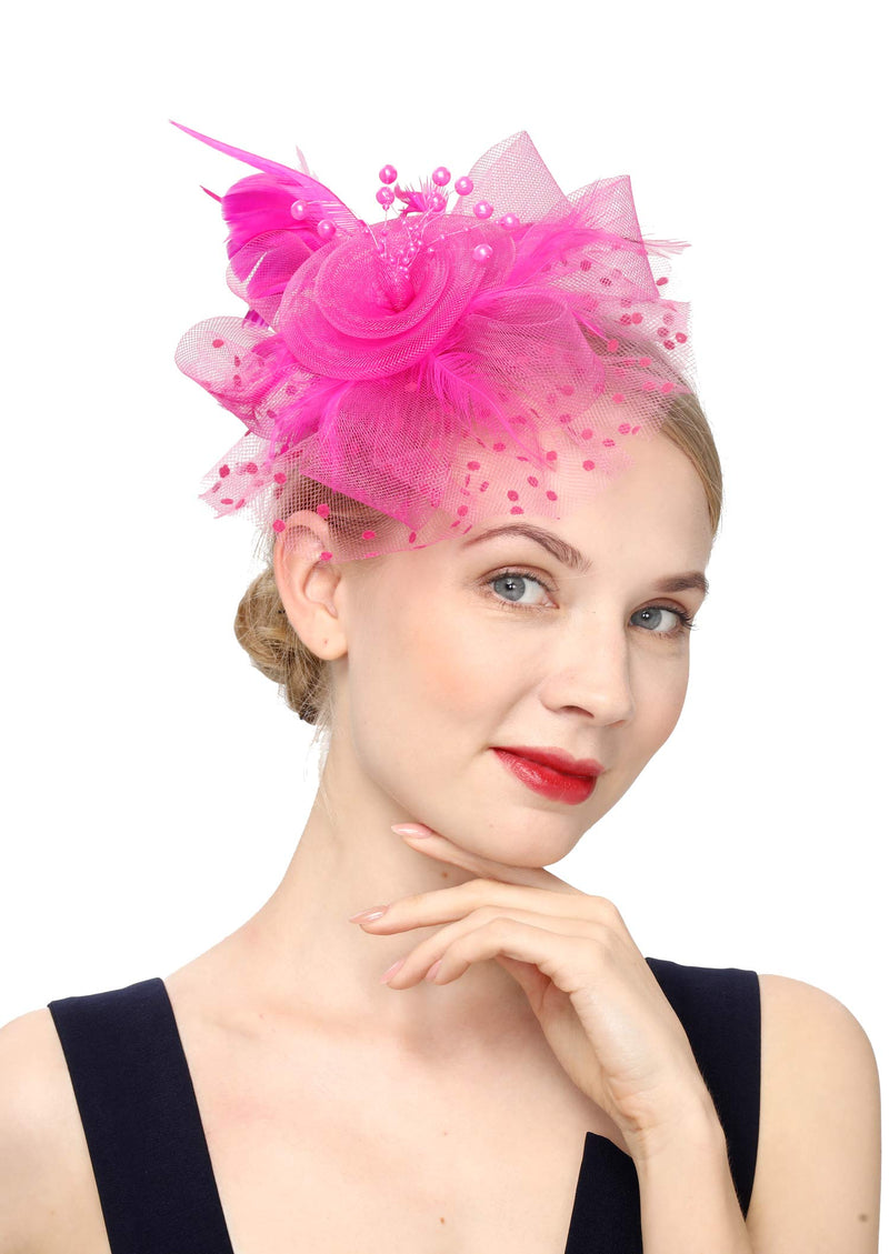 [Australia] - Fascinators Hat for Women Tea Party Headband Kentucky Derby Wedding Flower Cocktail Mesh Feathers Hair Clip 1-fushia 
