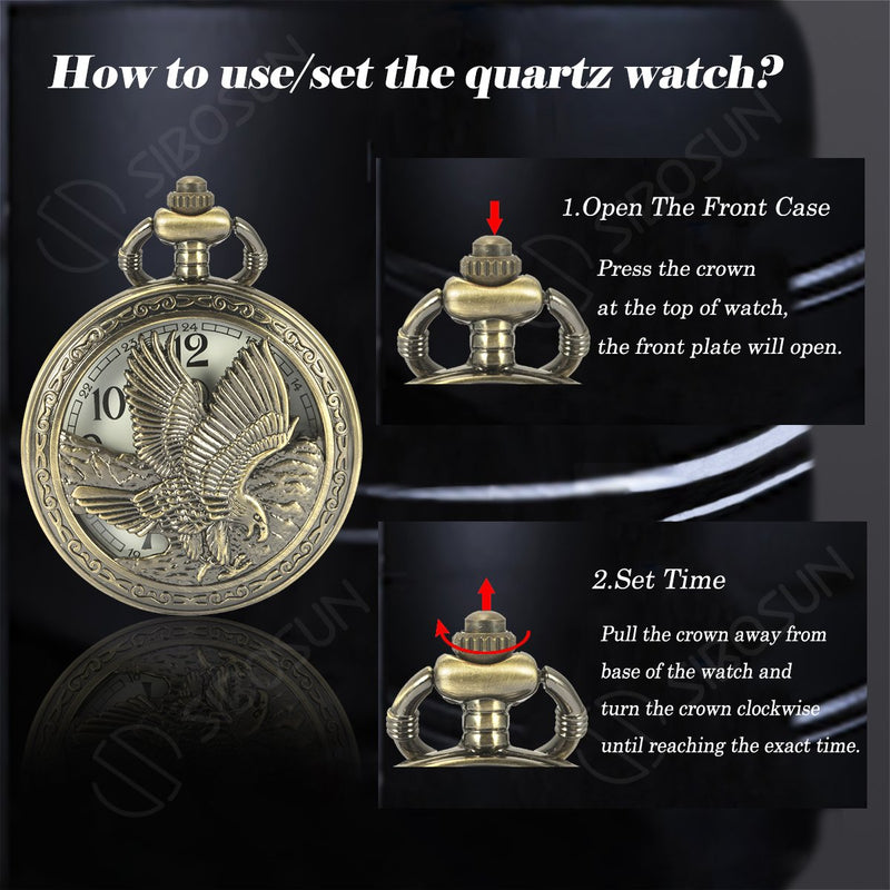 [Australia] - SIBOSUN Pocket Watch Chain Quartz Movement Arabic Numerals Half Hunter Smooth Back Case Bronze Vintage Box 1 Eagle 