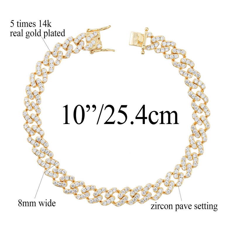 [Australia] - kelistom Real 14K / White Gold Plated Cuban Ankle Bracelets for Women Teen Girls, 8mm Wide Zircon Prong Setting Curb Chain Anklet, 9/10 inches 14K-gold 10.0 Inches 