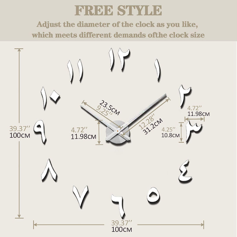 [Australia] - Vangold Large DIY Wall Clock Modern 3D Wall Clock with Arabic Numerals for Home Office Decorations Gift (Silver) Silver 