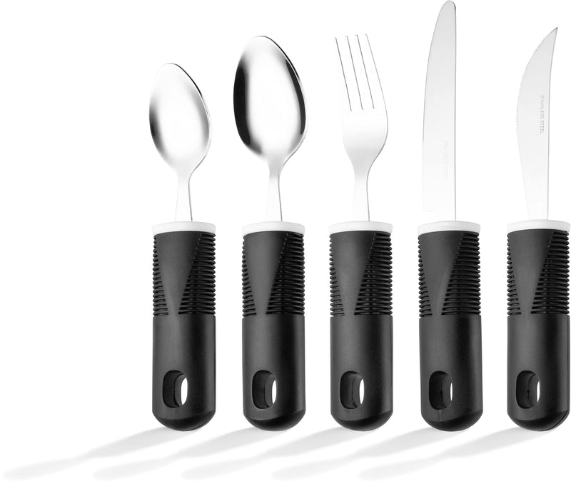 [Australia] - Special Supplies Adaptive Utensils (5-Piece Kitchen Set) Wide, Non-Weighted, Non-Slip Handles for Hand Tremors, Arthritis, Parkinson’s or Elderly use - Stainless Steel Knives, Fork, Spoons - Black 