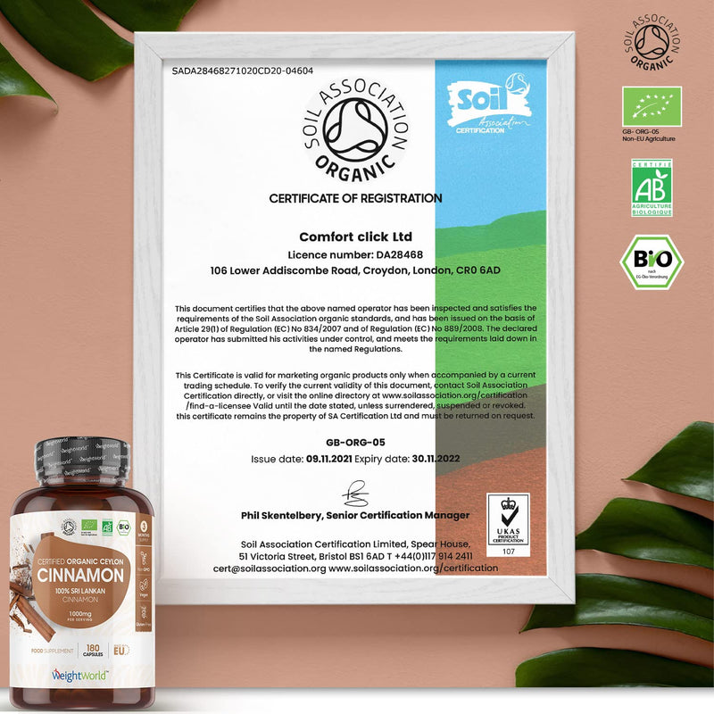 [Australia] - Organic Cinnamon Capsules 1500mg per Serving (3 Capsules) - 180 Vegan Capsules - Ceylon Cinnamon Powder - Soil Association Certified Digestion Supplement - Rich Source of Calcium - GMO & Gluten Free 