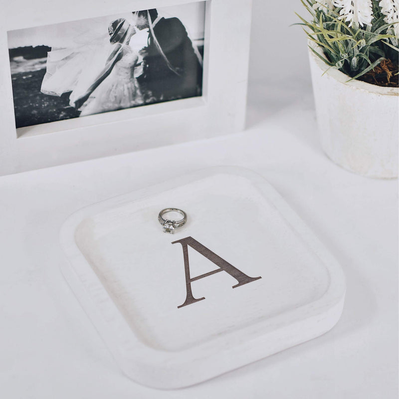 [Australia] - Solid Wood Personalized Initial Letter Jewelry Display Tray Decorative Trinket Dish Gifts For Rings Earrings Necklaces Bracelet Watch Holder (6"x6" Sq White "A") 6"x6" Sq White "A" 