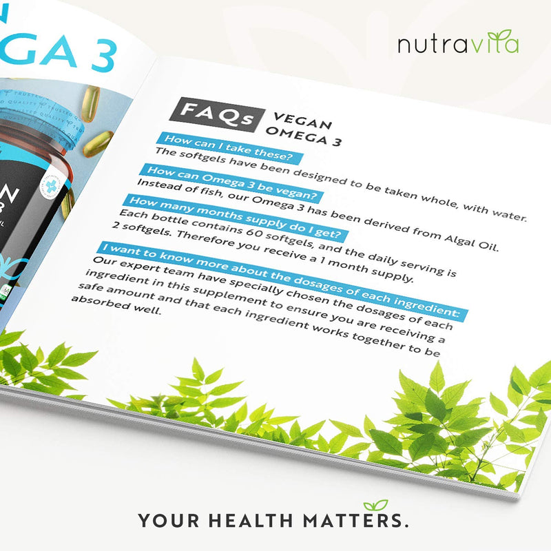 [Australia] - Vegan High Strength Omega 3 2000mg Soft Gels - 600mg DHA & 300mg EPA per Serving - Plant-Based Omega 3 Softgels Derived from Sustainable Algal Oil - 60 Vegan Softgels - Made in The UK by Nutravita 