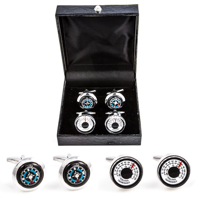 [Australia] - MRCUFF Compass & Thermometer 2 Pairs Cufflinks in a Presentation Gift Box & Polishing Cloth 