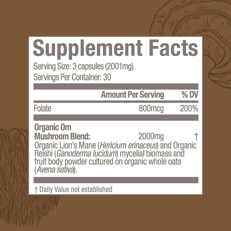 [Australia] - Om Mushroom Superfood Brain Fuel Mushroom Powder Capsules Superfood Supplement, 90 Count, 30 Days, Lion's Mane, Reishi Blend Plus Folate, Mental Clarity, Mushroom Supplement 