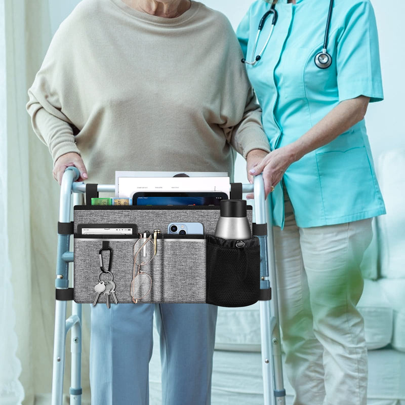 [Australia] - FINPAC Large Walker Tote Bag with Cup Holder, Folding Walker Attachment Hands-Free Storage Basket Mobility Aid Accessory Pouch for Elderly, Senior, Grey 