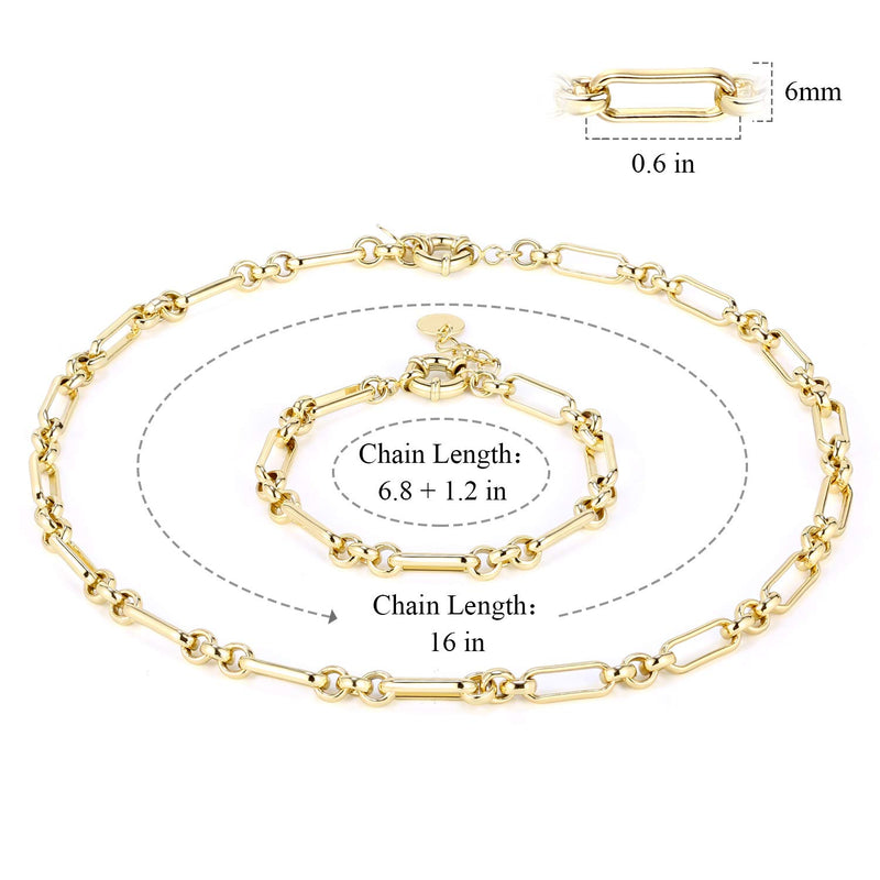 [Australia] - 14K Gold Plated Paperclip Link Chain Necklace Bracelet Set for Women Girls Axiom gold chain 