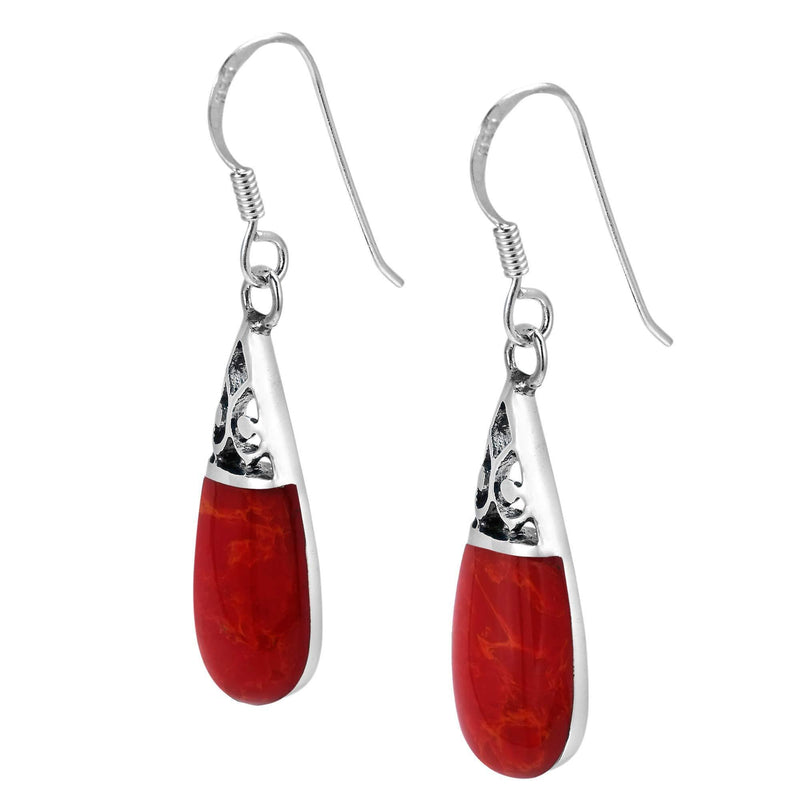 [Australia] - Filigree Swirl Teardrop Reconstructed Red Coral Inlay .925 Sterling Silver Dangle Earrings 