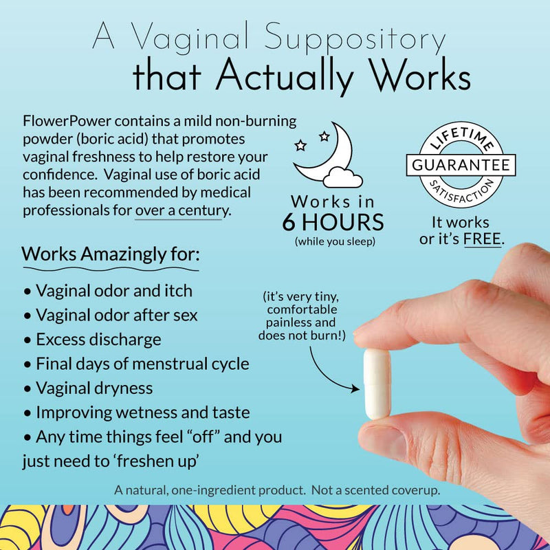 [Australia] - Flower Power Vegan Boric Acid Suppositories - 30 Capsules - 600mg for Vaginal Odor and pH Balance - Made in USA 30 Count (Pack of 1) 