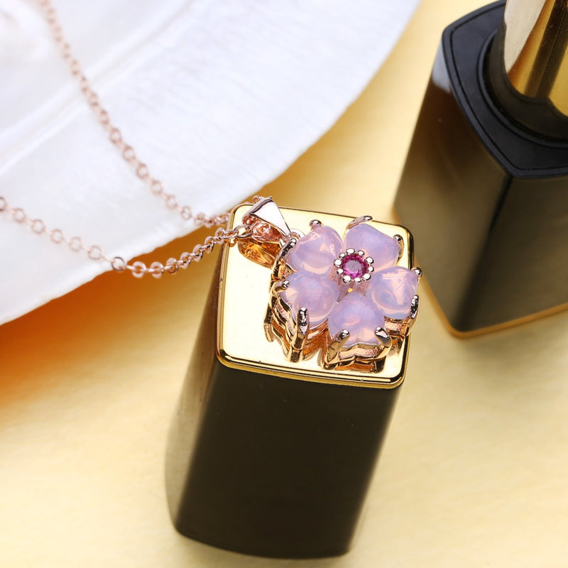 [Australia] - LSOOYH Flower Pink Crystal Necklace Flower for Women Girl Jewelry Gifts 