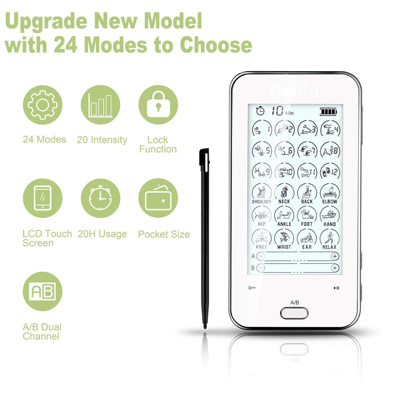 [Australia] - Belifu Dual Channel Tens Unit Electro Muscle Stimulator, Fully Isolated with Independent 24 Modes, Rechargeable Pulse Massager with Electrodes Pads for Neck Back Arms Chronic Pain Relief Body Building 
