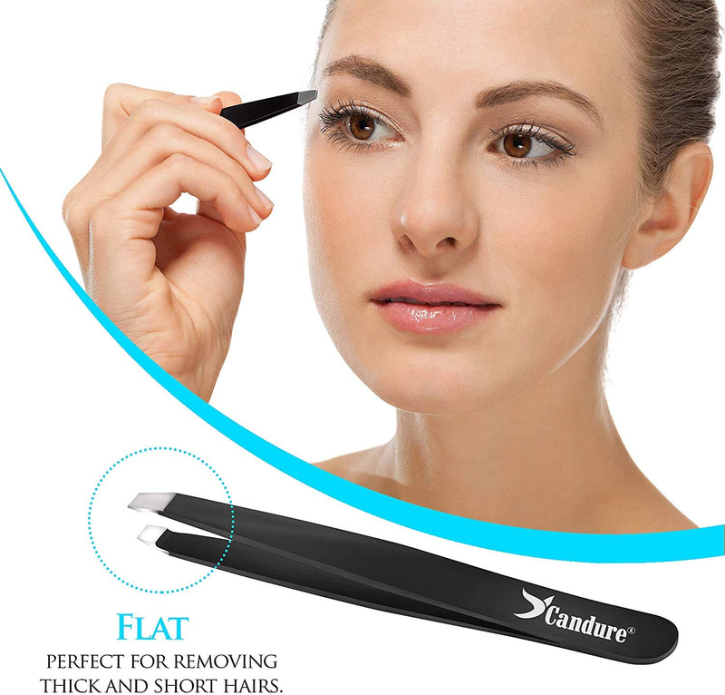 [Australia] - Candure Tweezers for Eyebrows - Professional Stainless Steel Slanted and Pointed Tip Hair tweezers Set for Ingrown Hair, Blackhead Removal, Eyelash Extension, Eyebrows Plucking Beauty Tool for Women Black 