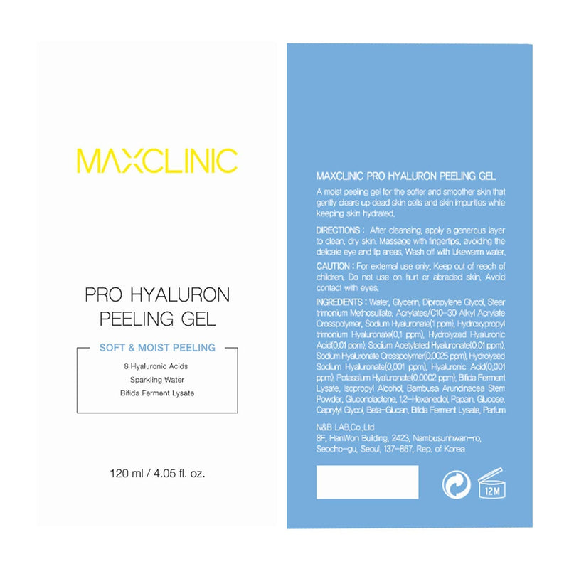 [Australia] - MAXCLINIC Pro Hyaluron Peeling Gel 120ml 4.05 fl.oz with hyaluronic acids for Waterproof makeup remover, dead skin Exfoliator and face cleanser 