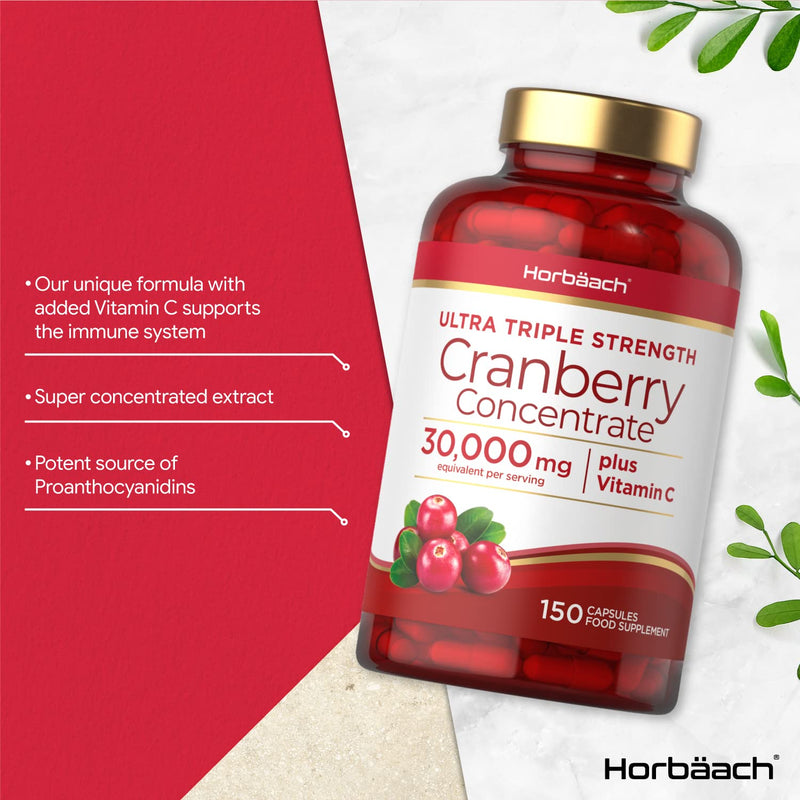 [Australia] - Cranberry Capsules 30,000 mg | High Strength | 150 Concentrate Pills | Ultra Triple Strength Cranberry Extract Complex with Vitamin C | by Horbaach 150 Count (Pack of 1) 