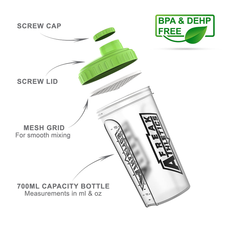[Australia] - Protein Shaker Bottle 700ml Premium BPA Free shaker Bottle by Freak Athletics (Clear Transparent / Green Lid) Clear Transparent / Green Lid 