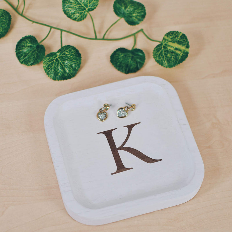 [Australia] - Solid Wood Personalized Initial Letter Jewelry Display Tray Decorative Trinket Dish Gifts For Rings Earrings Necklaces Bracelet Watch Holder (6"x6" Sq White "K") 6"x6" Sq White "K" 