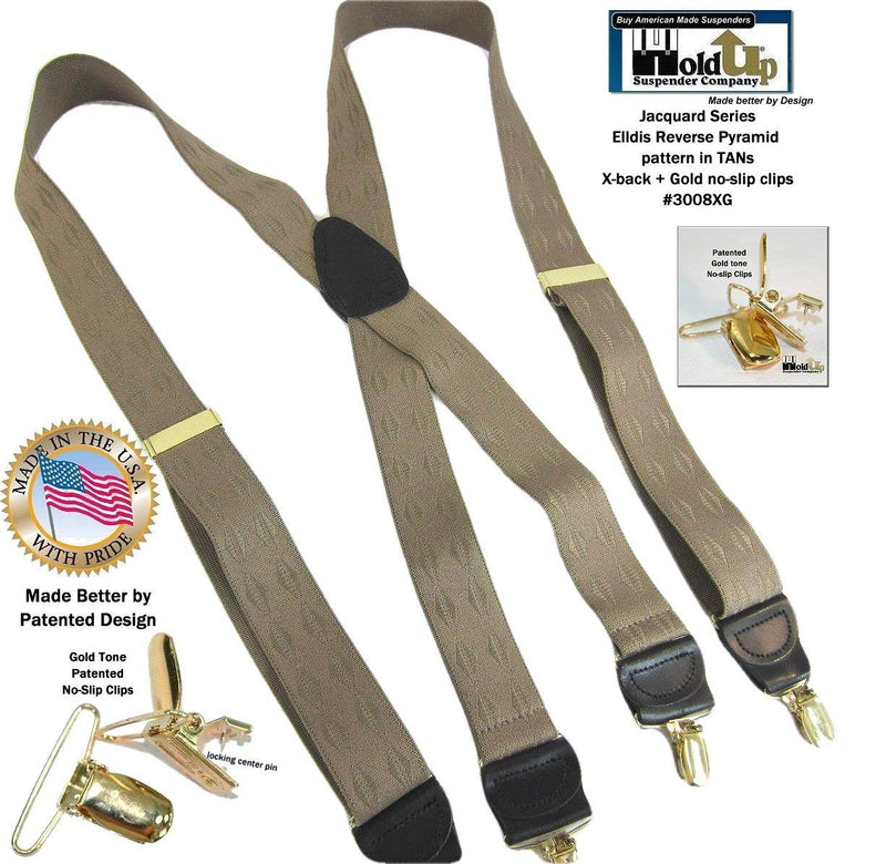 [Australia] - Holdup Brand Tan Jacquard weave Elddis diamond pattern X-back Suspenders with No-slip Gold-tone Clips. 