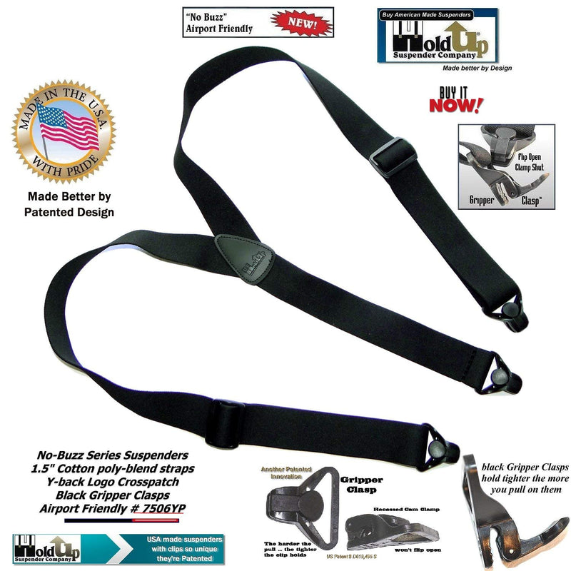 [Australia] - Holdup Suspender Company's No-buzz Airport Friendly All Black Y-back Suspenders with Patented composite plastic Gripper Clasps 