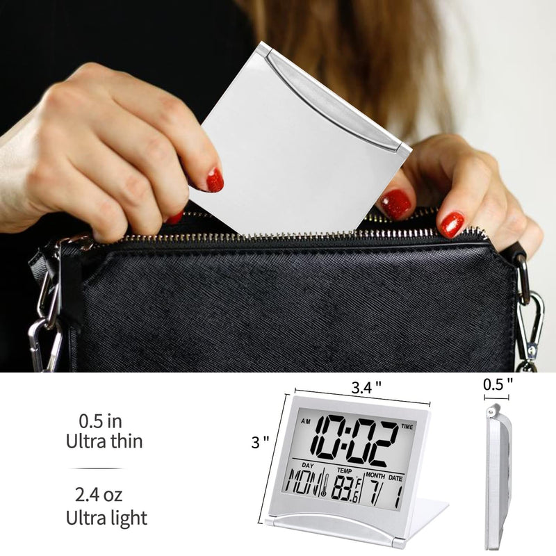[Australia] - Betus Digital Travel Alarm Clock - Foldable Calendar Temperature Timer LCD Clock with Snooze Mode - Large Number Display, Battery Operated - Compact Desk Clock for All Ages (Silver) Silver 