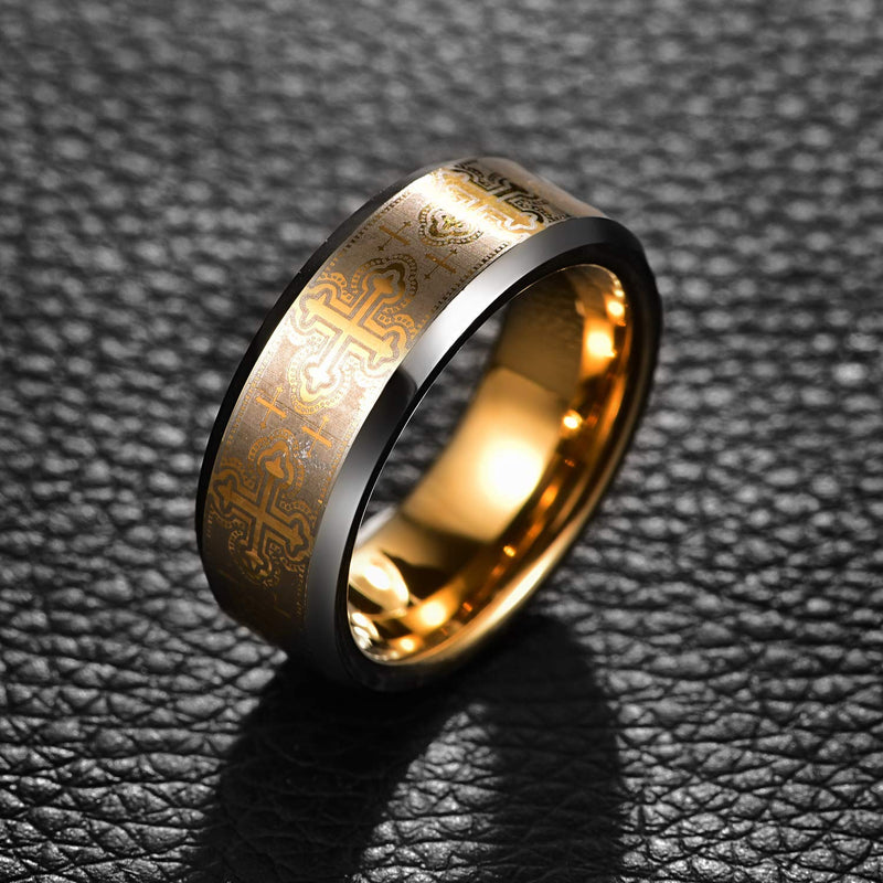 [Australia] - MEILING LINGMEI Silver and Gold Tungsten Carbide Ring for Men Women Laser Cross Pattern Comfort Fit Wedding Band Beveled Edges Size 10 