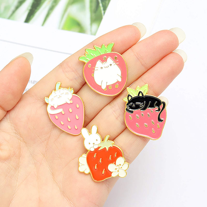 [Australia] - Sweet Strawberry Enamel Pins Set Cartoon Fruit Rabbit Cat Lapel Pins for Women Girl Cute Brooches Pin Badges for Clothing Backpacks 