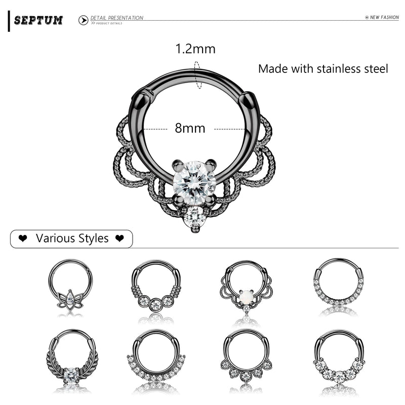 [Australia] - Drperfect 9PCS 16G Septum Rings Opal Daith Earrings Hoop Nose Rings 316L Stainless Steel CZ Cartilage Helix Tragus Earrings Septum Clicker Piercing Jewerly… Black 8.0 Millimeters 