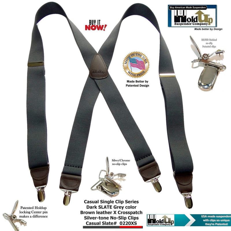 [Australia] - USA Made Slate Gray HoldUp brand X-back Suspenders with No-slip Silver-tone Clips 