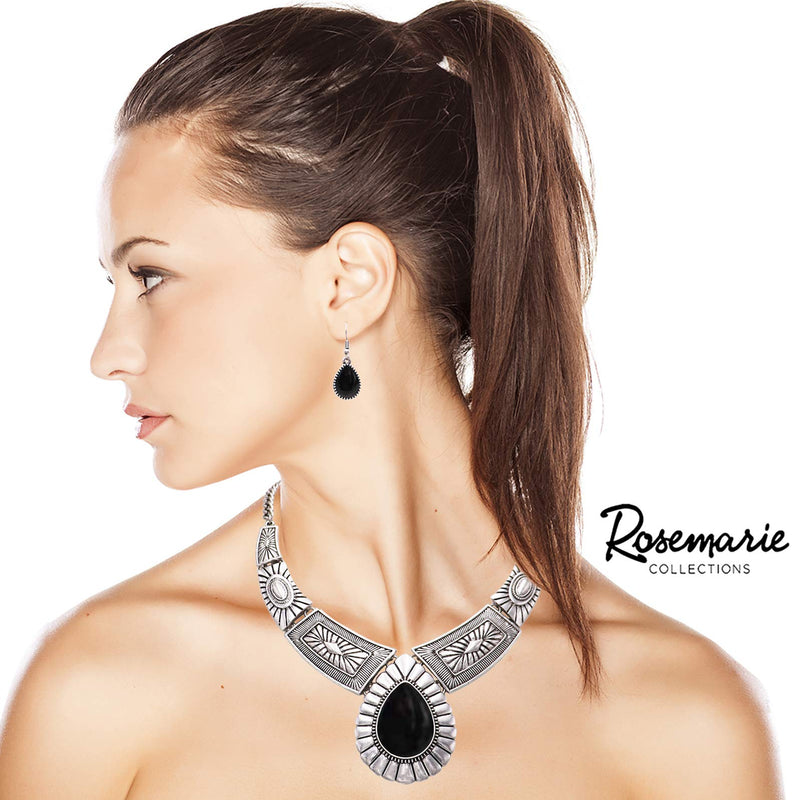 [Australia] - Rosemarie Collections Women’s Southwest Teardrop Howlite Stone Statement Necklace Earrings Set Black 