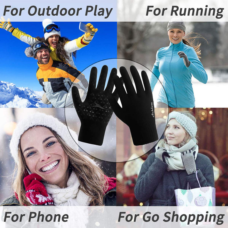 [Australia] - Achiou Winter Knit Gloves Touchscreen Warm Thermal Soft Lining Elastic Cuff Texting Anti-Slip 3 Size Choice for Women Men Black Medium 