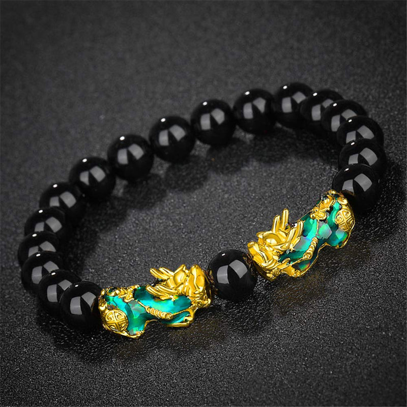 [Australia] - Homelavie 2 Pcs Feng Shui Black Obsidian Wealth Bracelet 8mm Bead Bracelets with Double Color Changed Pi Xiu for Boys Girls Attract Wealth and Good Luck 