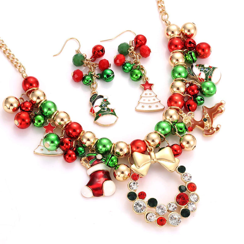 [Australia] - FAERLIIRY Christmas Jingle Bell Necklace Set X-mas Crystal Pendant Necklace Bell Beaded Earrings Festival Holiday Jewelry Set for Women Girls Kids gold 