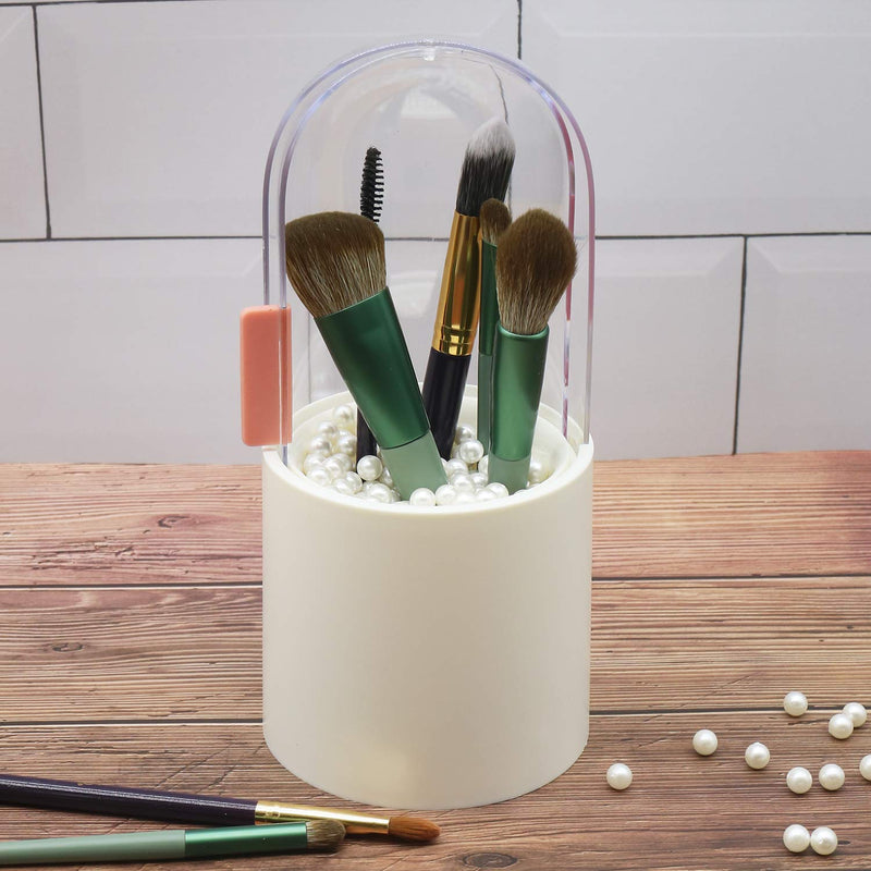 [Australia] - Makeup Brush Holder with Lid Large Makeup Brush Organizer Cosmetics Brushes Storage Box Brushes Display Case Sliding Dustproof Cover with Free White Pearl (White) 